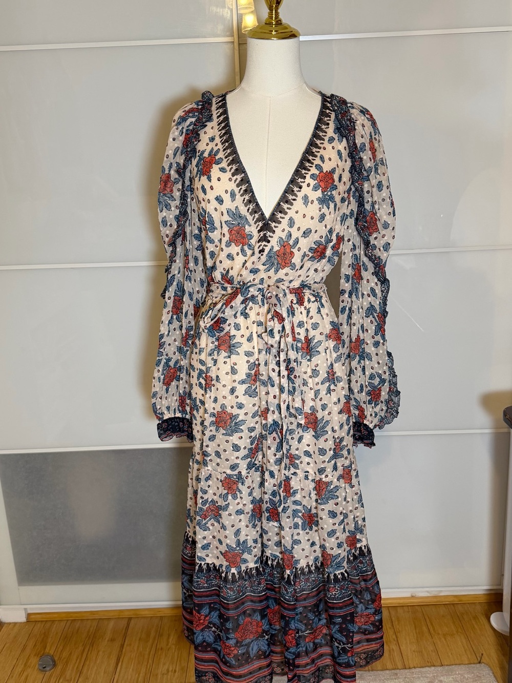 Ulla Johnson Ivory Maxi Dress with Blue & Rust Floral Print